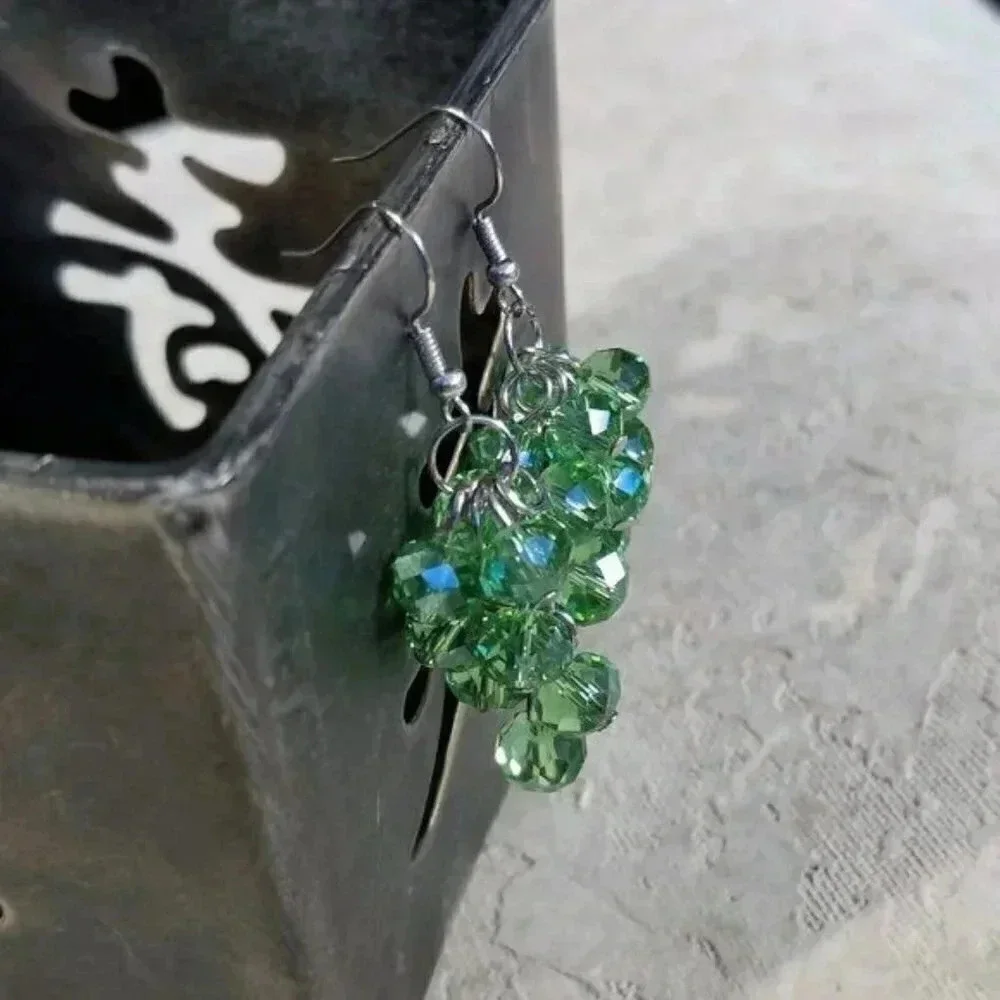 Handcrafted Green Faceted Austrian Crystal Beads Grape Cluster Dangle Earnings